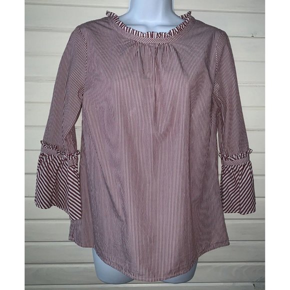 Talbots Sz SMALL Side Zip Tunic Blouse Red White Stripes Ruffle Collar EUC - Picture 2 of 8